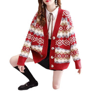Damen Strickjacke mit stilvollem Rautenmuster und großen Knöpfen WW