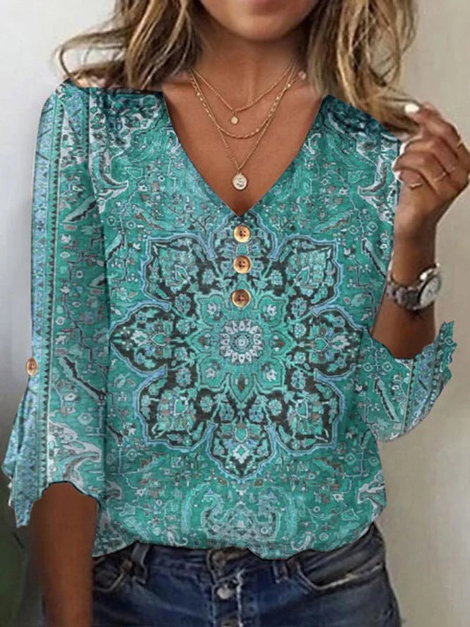 Damen Bohemian bedruckte V-Ausschnitt Bluse mit Knopfdetails WW