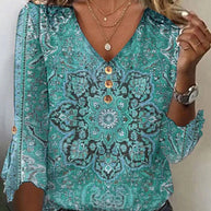 Damen Bohemian bedruckte V-Ausschnitt Bluse mit Knopfdetails WW