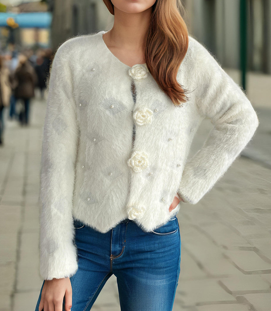 Damen Strickjacke mit floralen Applikationen und perlverzierter Detail WW