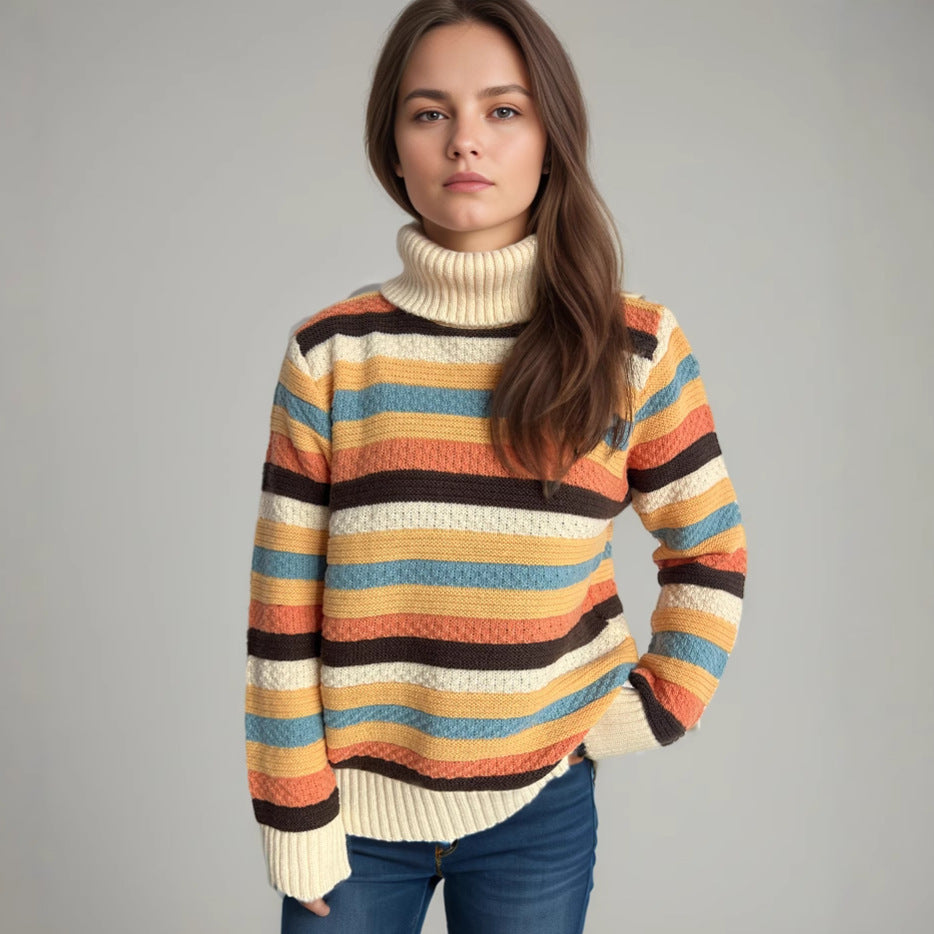 Damen Rollkragenpullover mit farbenfrohen Streifen und hochwertiger Strickqualität WW