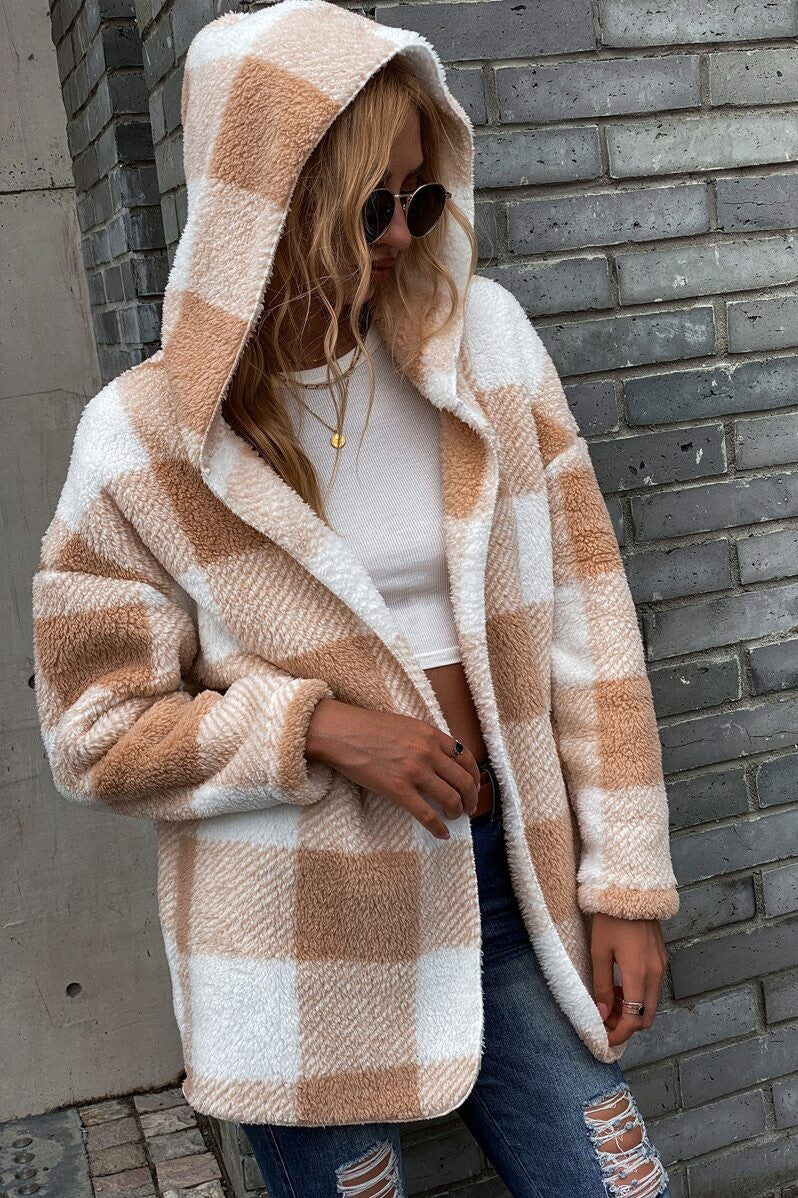 WW | Lamm Lockerer Kapuzen Plaid Strickjacke Jacke