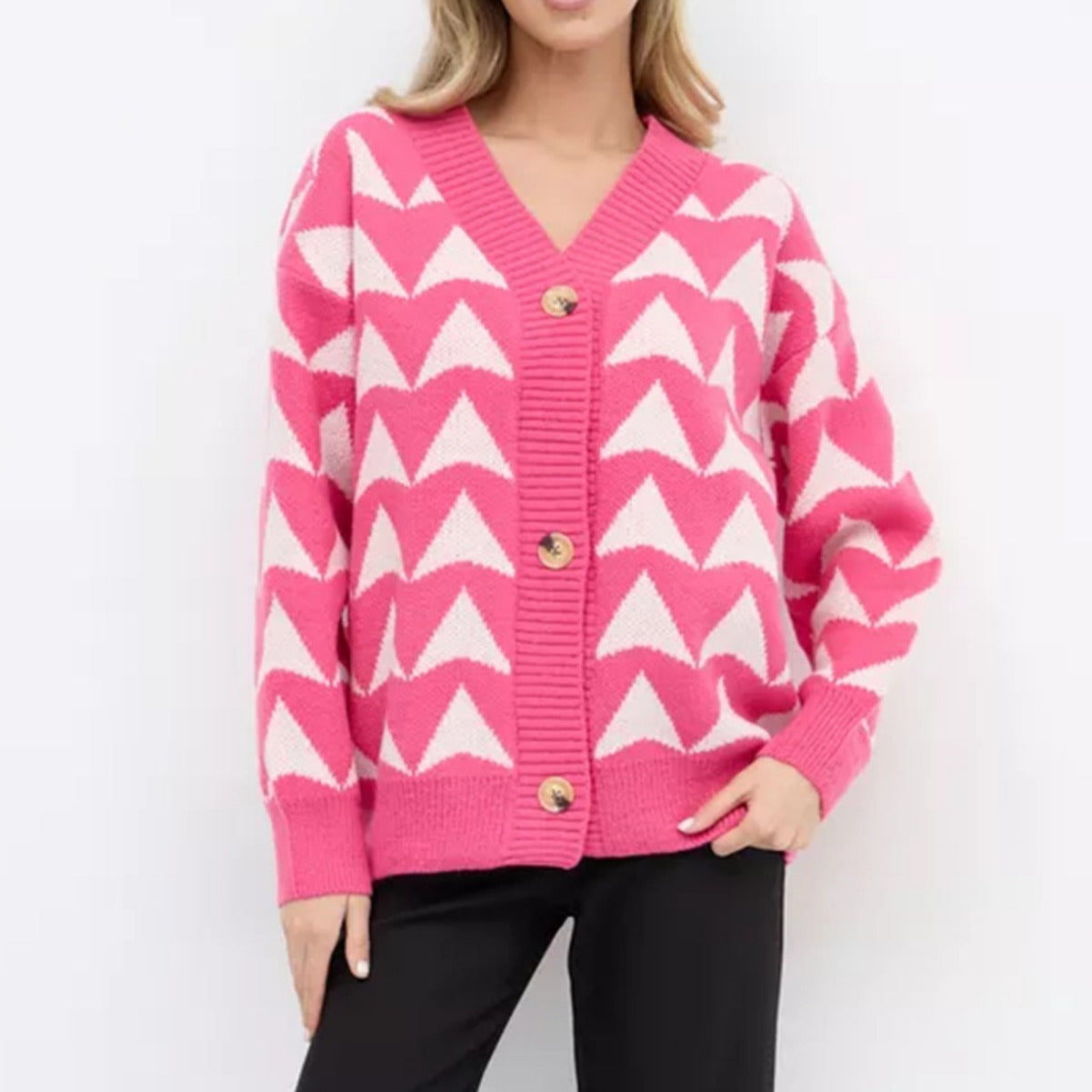 Damen Strickjacke mit geometrischem Muster und knöpfbarem Design WW