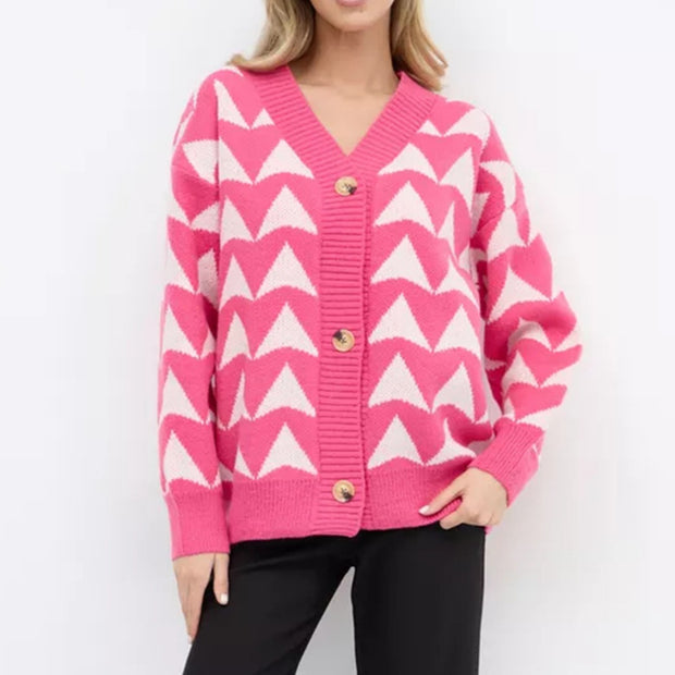 Damen Strickjacke mit geometrischem Muster und knöpfbarem Design WW