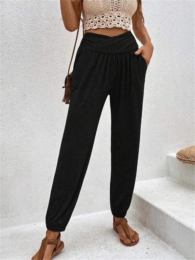 Damen lässige Freizeithose mit hohem Bund und bequemen Gummizug W&W Mode