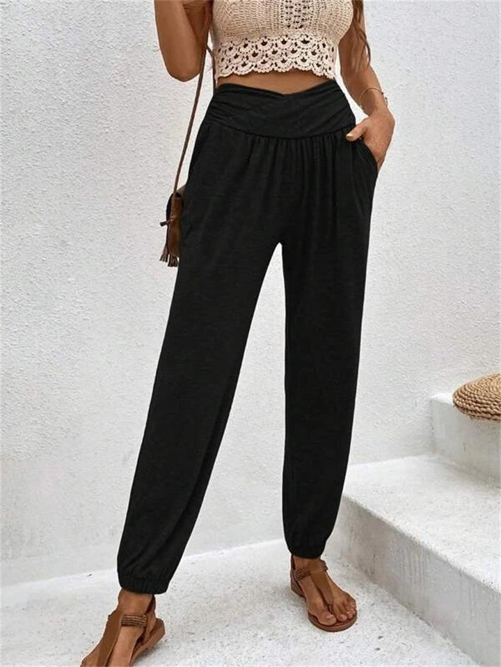 Damen lässige Freizeithose mit hohem Bund und bequemen Gummizug W&W Mode