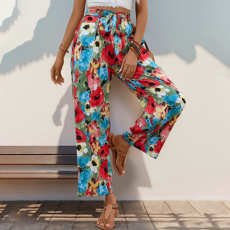 Damen weite Sommerhose mit buntem Blumenmuster und elastischem Bund WW