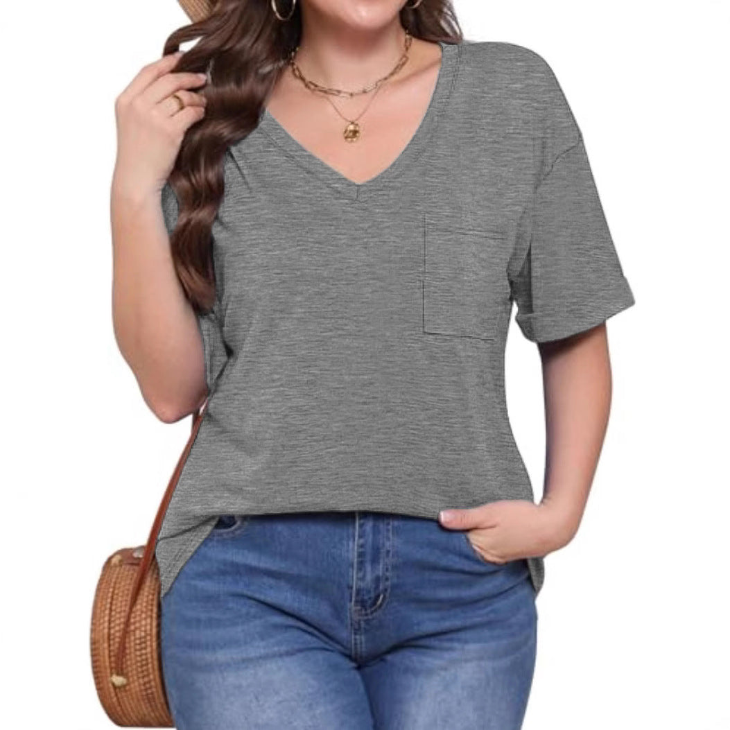 Damen V-Ausschnitt T-Shirt mit Taschen und lässiger Passform W&W Mode