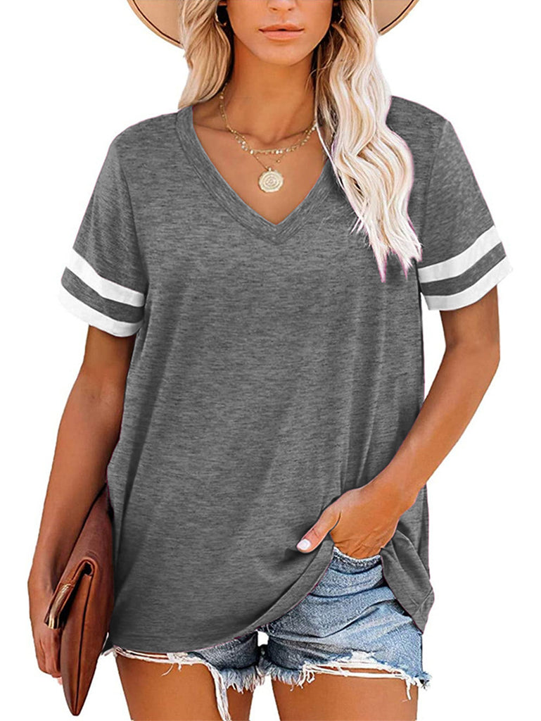 Damen V-Ausschnitt T-Shirt mit sportlichem Streifenmuster und lockerem Schnitt WW