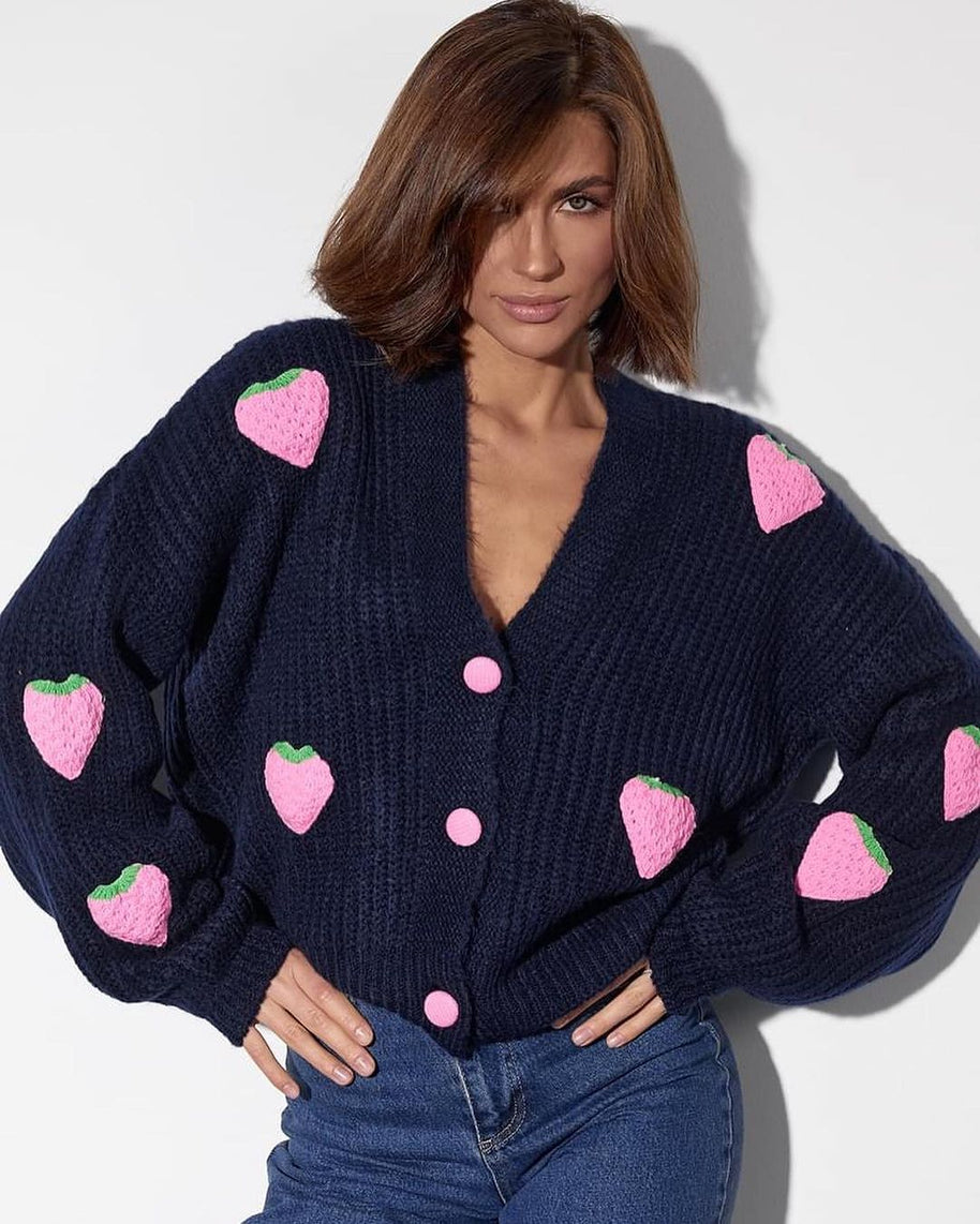 Damen Strickjacke mit fruchtigem Applikationsdesign WW