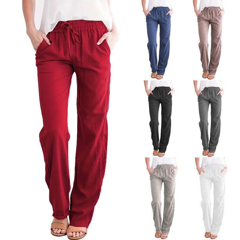 Damen Weite Leinenhose mit elastischem Bund und praktischen Seitentaschen WW
