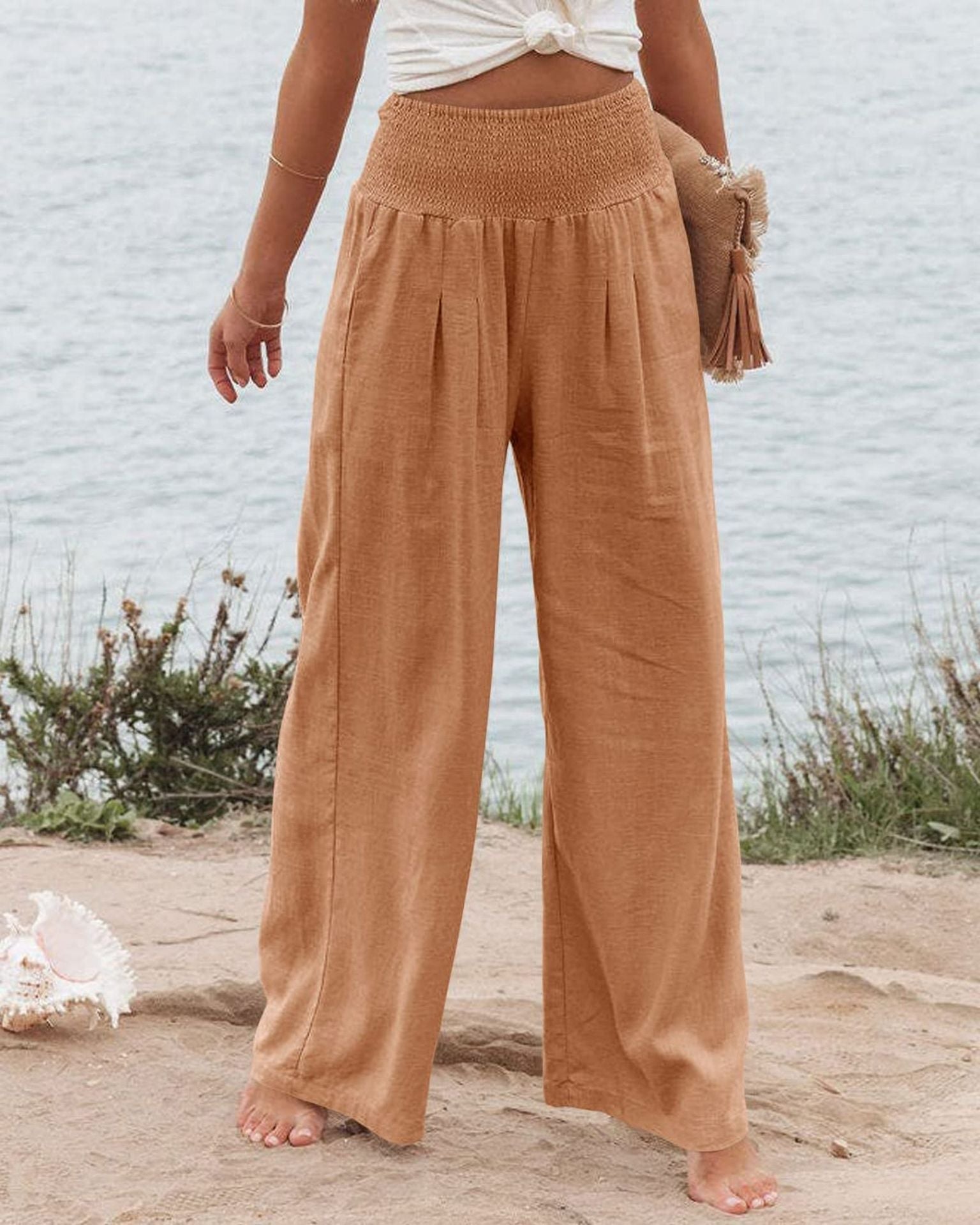 Damen Weite Leinenhose mit elastischem Bund und Falten WW