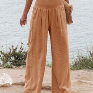 Damen Weite Leinenhose mit elastischem Bund und Falten WW