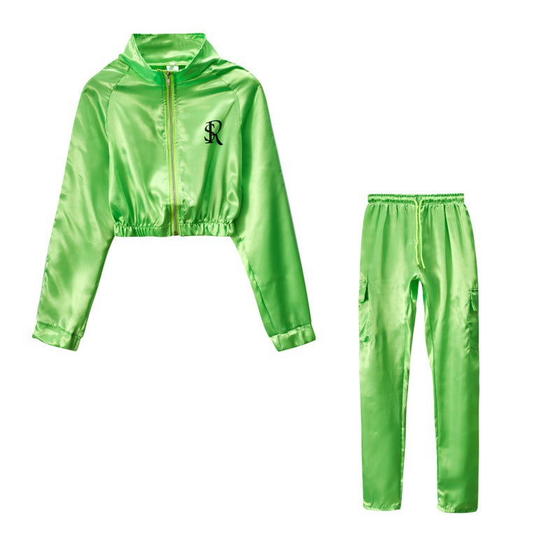 Damen Sportliches Trainingsanzug-Set mit cropped Jacke und Jogginghose WW