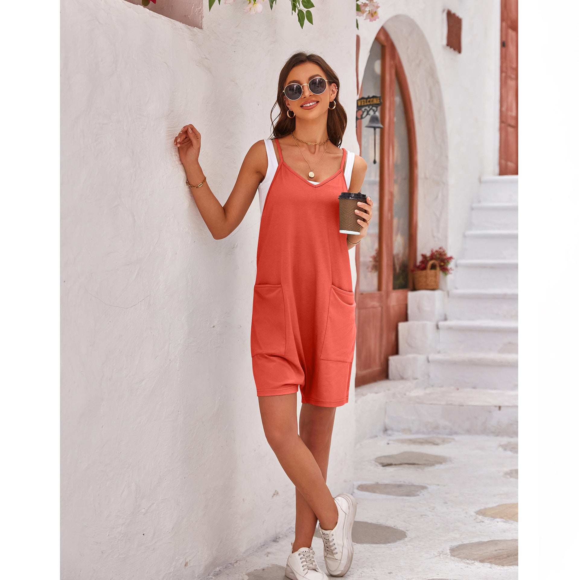 Damen komfortabler Overall mit tiefem Ausschnitt und praktischen Taschen WW