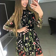 Damen Elegantes Kleid mit floraler Bestickung und transparenten Ärmeln WW