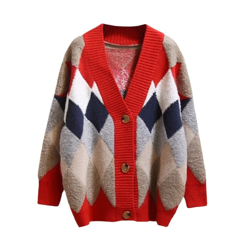 Damen Strickcardigan mit modernem Rautenmuster WW