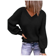 Damen Strickpullover mit V-Ausschnitt und Ballonärmeln WW