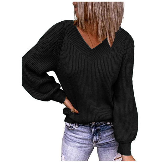 Damen Strickpullover mit V-Ausschnitt und Ballonärmeln WW