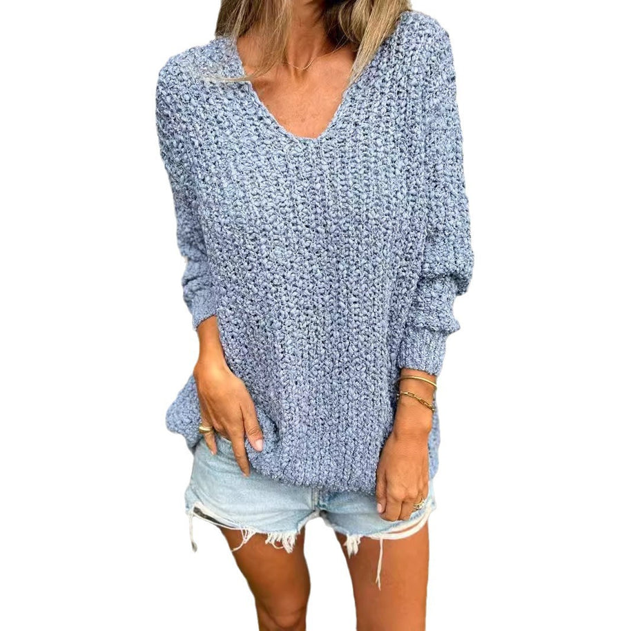 Damen Bequemes V-Ausschnitt Sweatshirt mit Struktur und langen Ärmeln WW