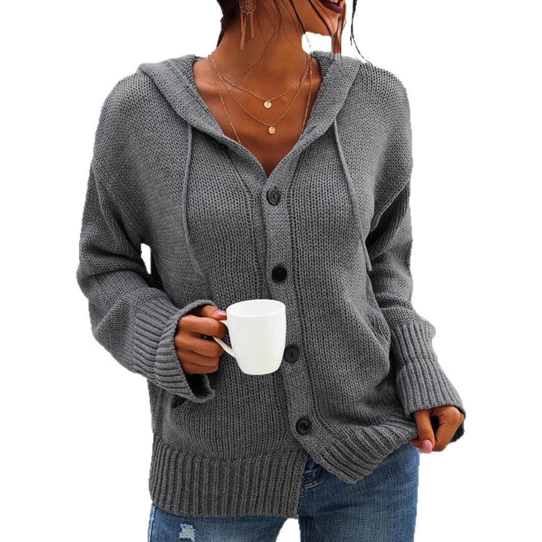 Damen bequeme Strickjacke mit Kapuze und Knopfverschluss WW