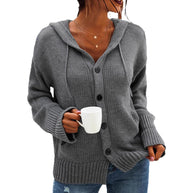 Damen bequeme Strickjacke mit Kapuze und Knopfverschluss WW