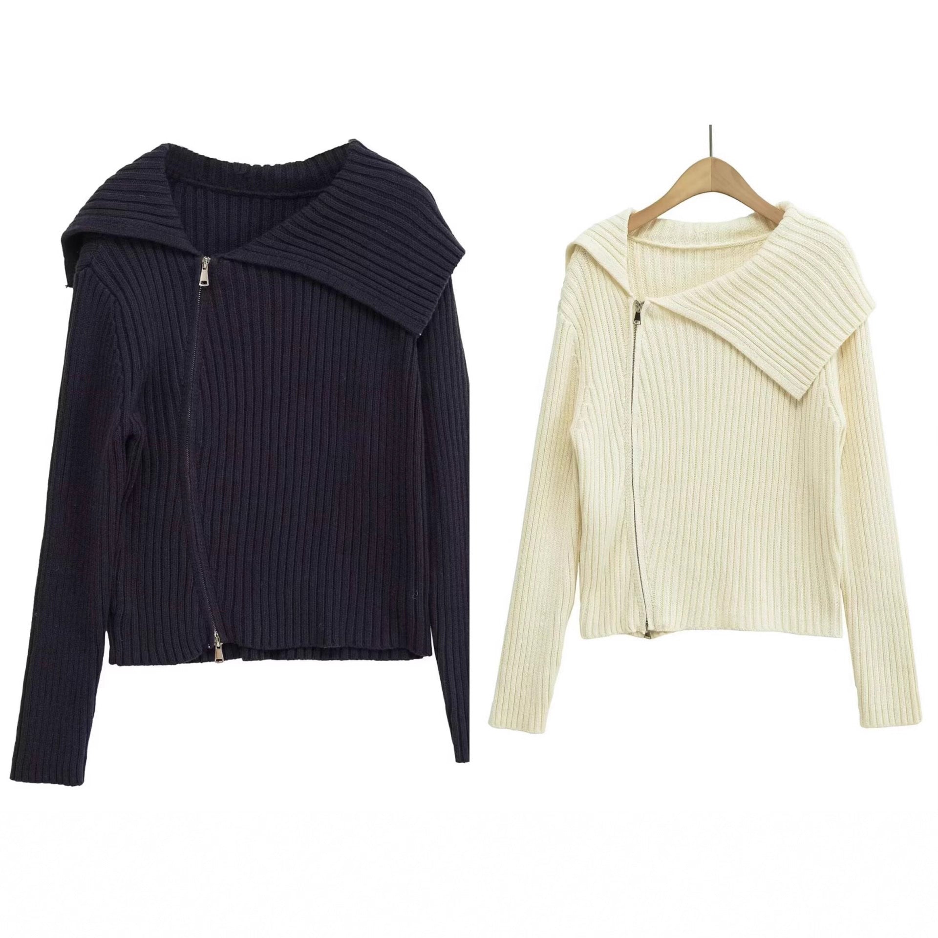 Damen Rippenstrickjacke mit großem Kragen und asymmetrischem Reißverschluss WW