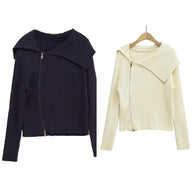 Damen Rippenstrickjacke mit großem Kragen und asymmetrischem Reißverschluss WW