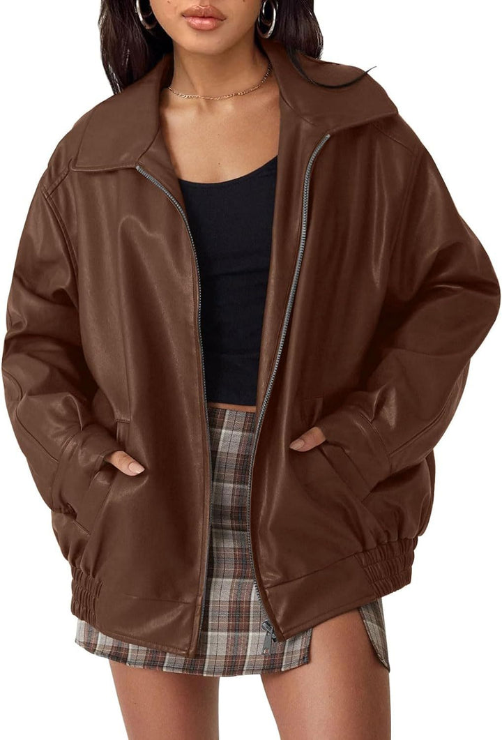 Damen lässige Kunstlederjacke mit weitem Schnitt und praktischen Taschen W&W Mode