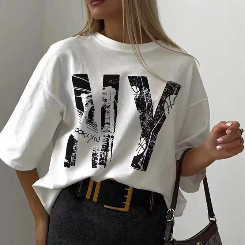Damen lässiges T-Shirt mit trendigem Brooklyn-Print und oversized Schnitt WW