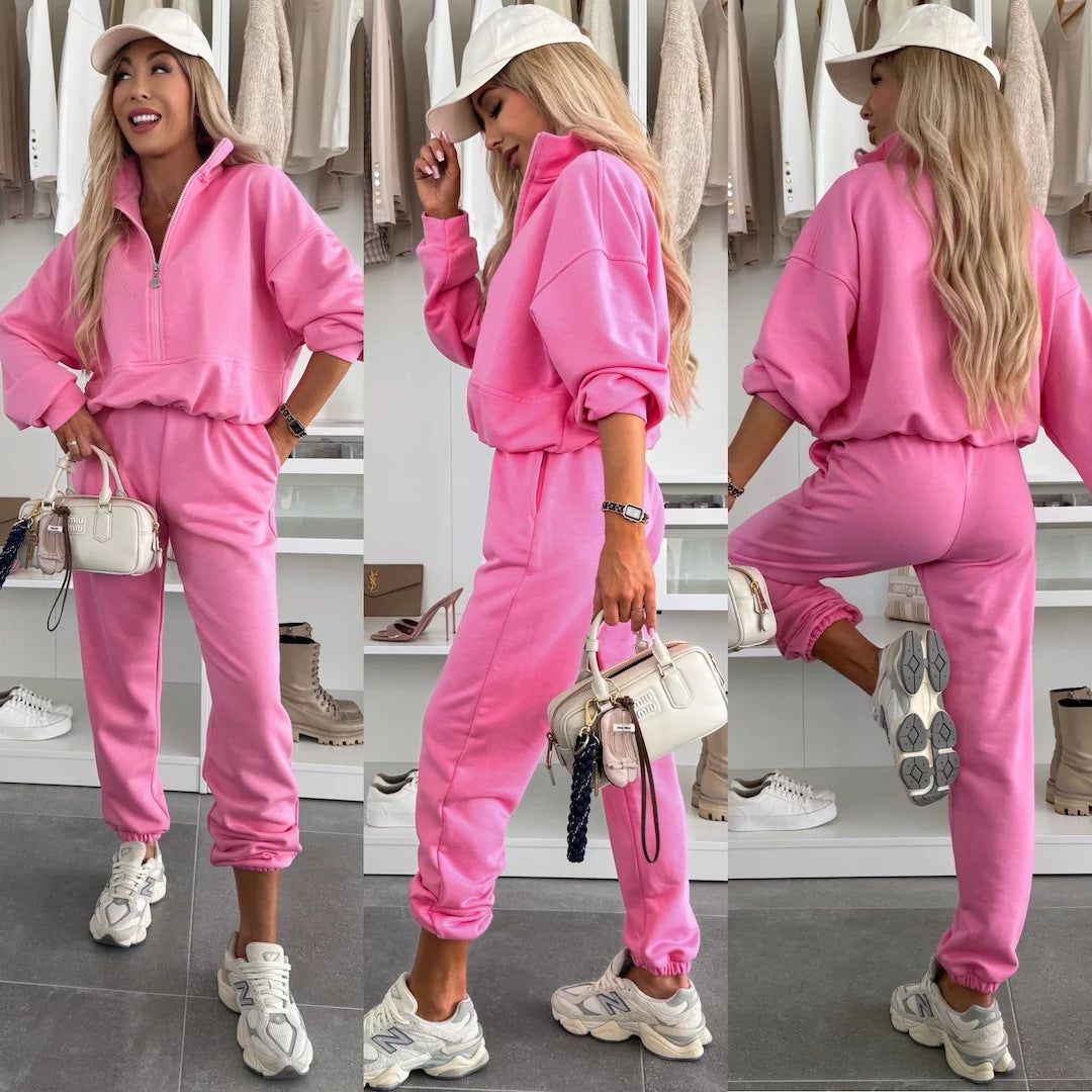 Damen sportliches Fleece-Set mit halbem Reißverschluss und elastischem Bund WW