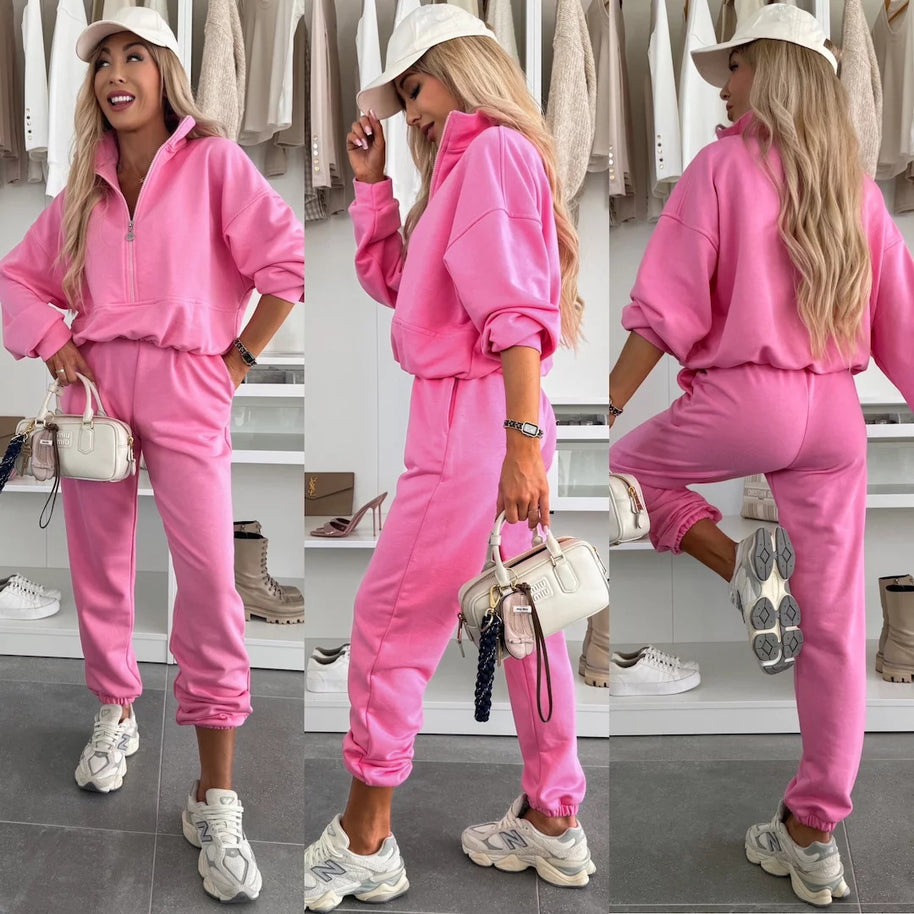 Damen sportliches Fleece-Set mit halbem Reißverschluss und elastischem Bund WW