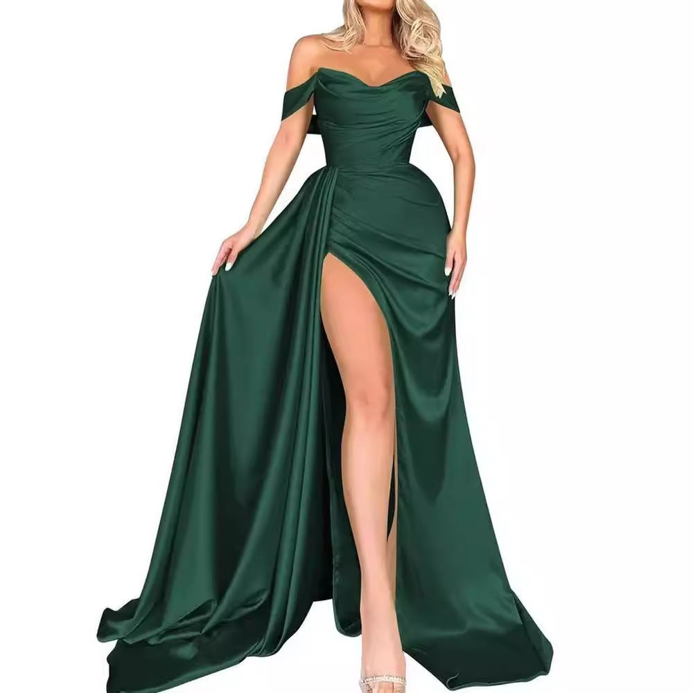 Damen Off-Shoulder Abendkleid mit hohem Beinschlitz und voluminösem Rock W&W Mode