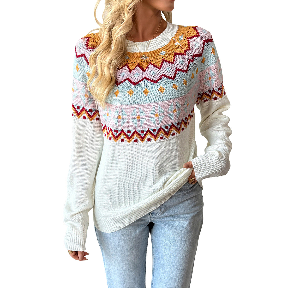 Damen Strickpullover mit traditionellem Muster und überschnittenen Schultern WW