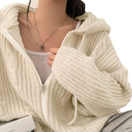 Damen Bequemer Strickjacke mit Kapuze und Reißverschluss WW