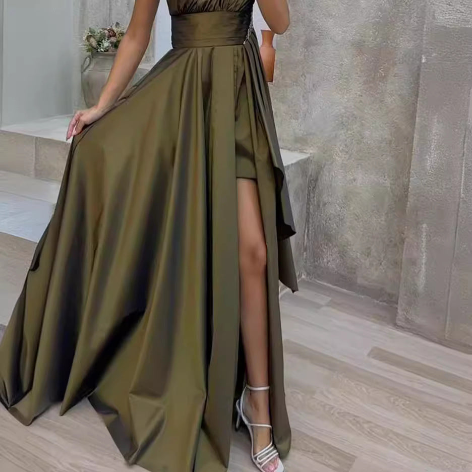 Damen asymmetrisches Maxikleid mit elegantem Schnitt und hohem Schlitz W&W Mode