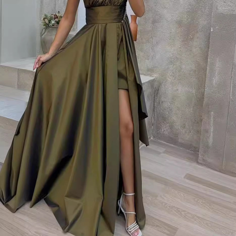 Damen asymmetrisches Maxikleid mit elegantem Schnitt und hohem Schlitz WW