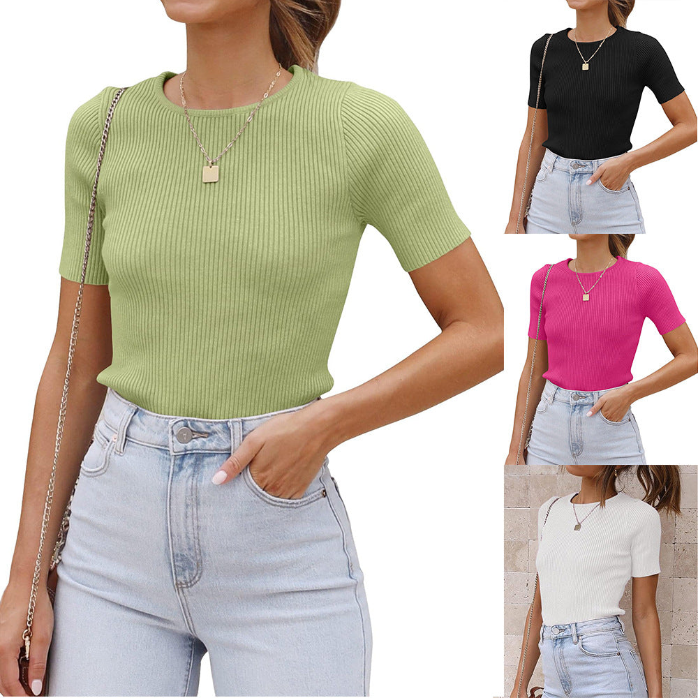 Damen figurbetontes T-Shirt mit feiner Rippstruktur und Rundhalsausschnitt WW