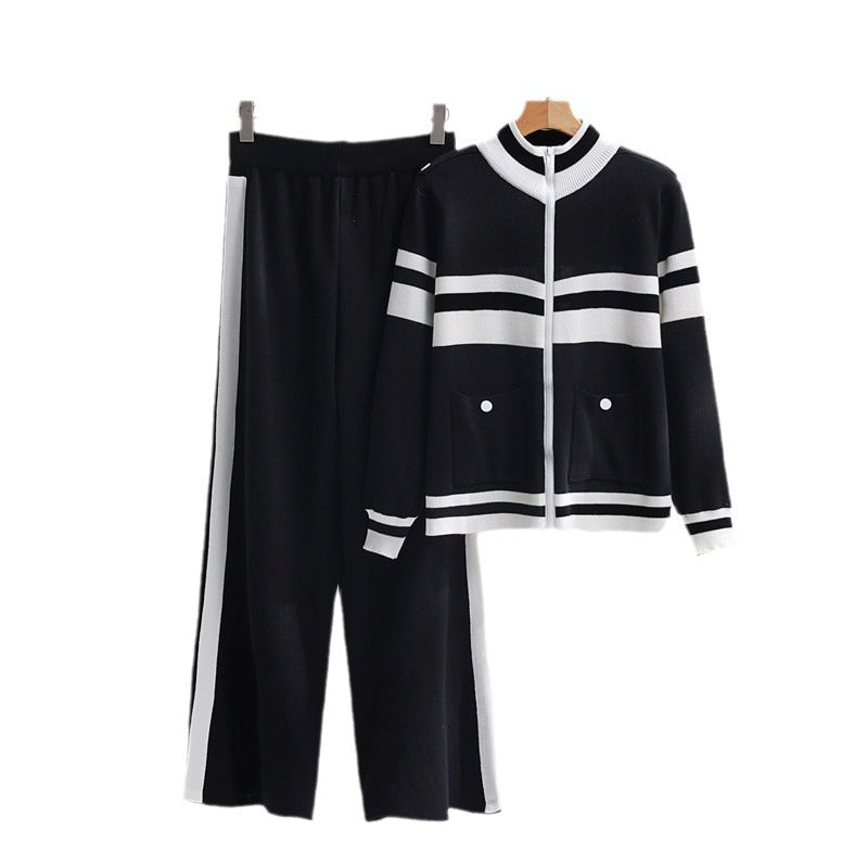 Damen sportliches Strick-Loungewear-Set mit geripptem Design und praktischen Taschen WW