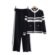 Damen sportliches Strick-Loungewear-Set mit geripptem Design und praktischen Taschen WW