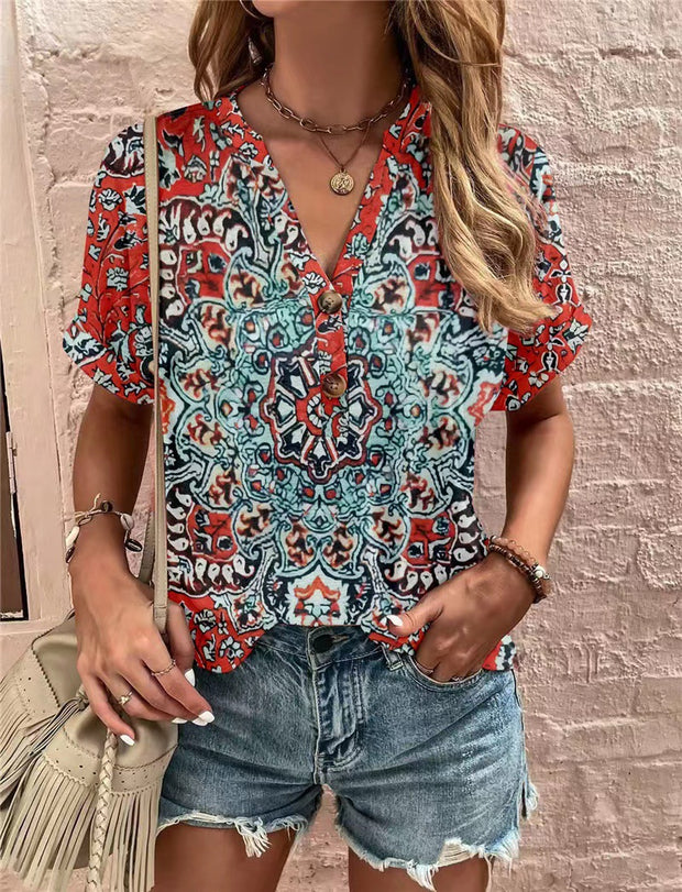 Damen Kurzarm Bluse mit dekorativem Musterdruck und knöpfbarem Ausschnitt WW