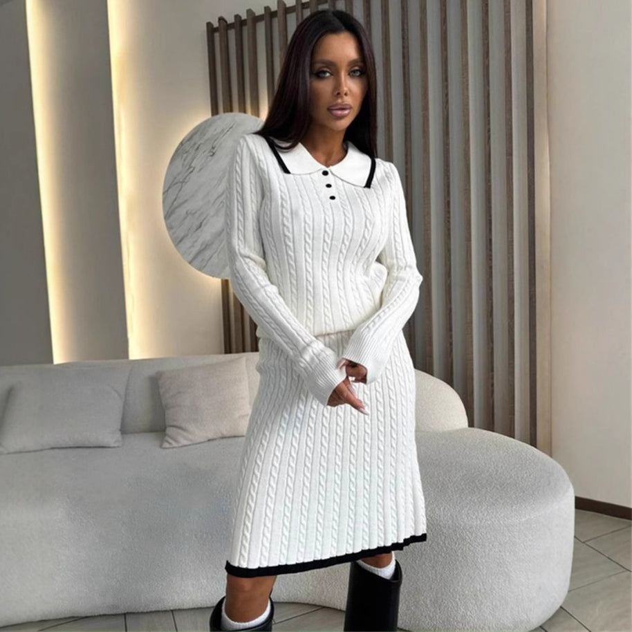Damen Strickkleid mit eleganter Knopfleiste und V-Ausschnitt WW