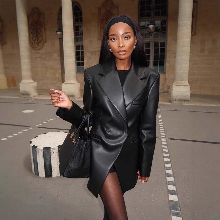 Damen stilvolle Kunstlederblazerjacke mit oversized Schnitt WW