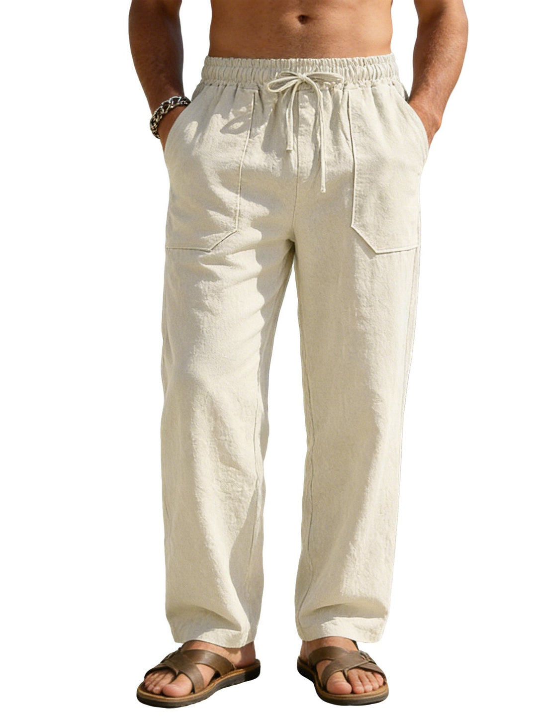 Herren nan weite Relaxhose aus Leinen-Mix mit Kordelbund und aufgesetzten Beintaschen W&W Mode