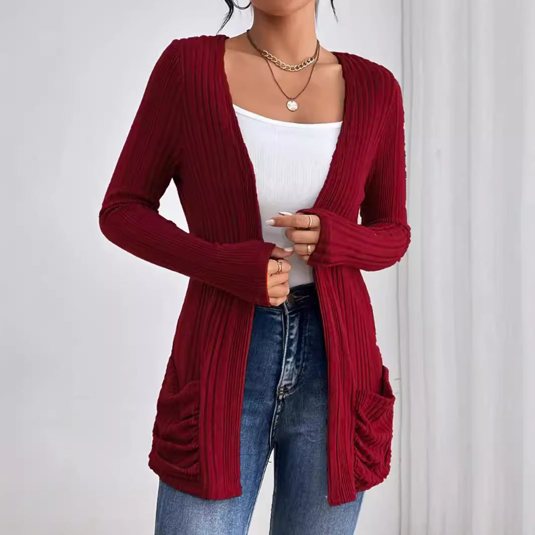 Damen Strickjacke mit raffinierten Rüschen und seitlichen Taschen WW