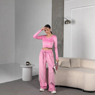 Damen sportliches Crop-Top und weite Hose Set WW