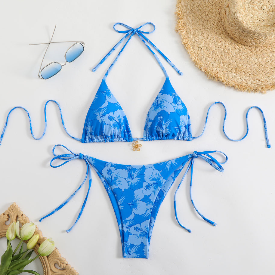 WW | Damen Triangel-Bikini-Set mit verspieltem Blumenmuster und Bindebändern