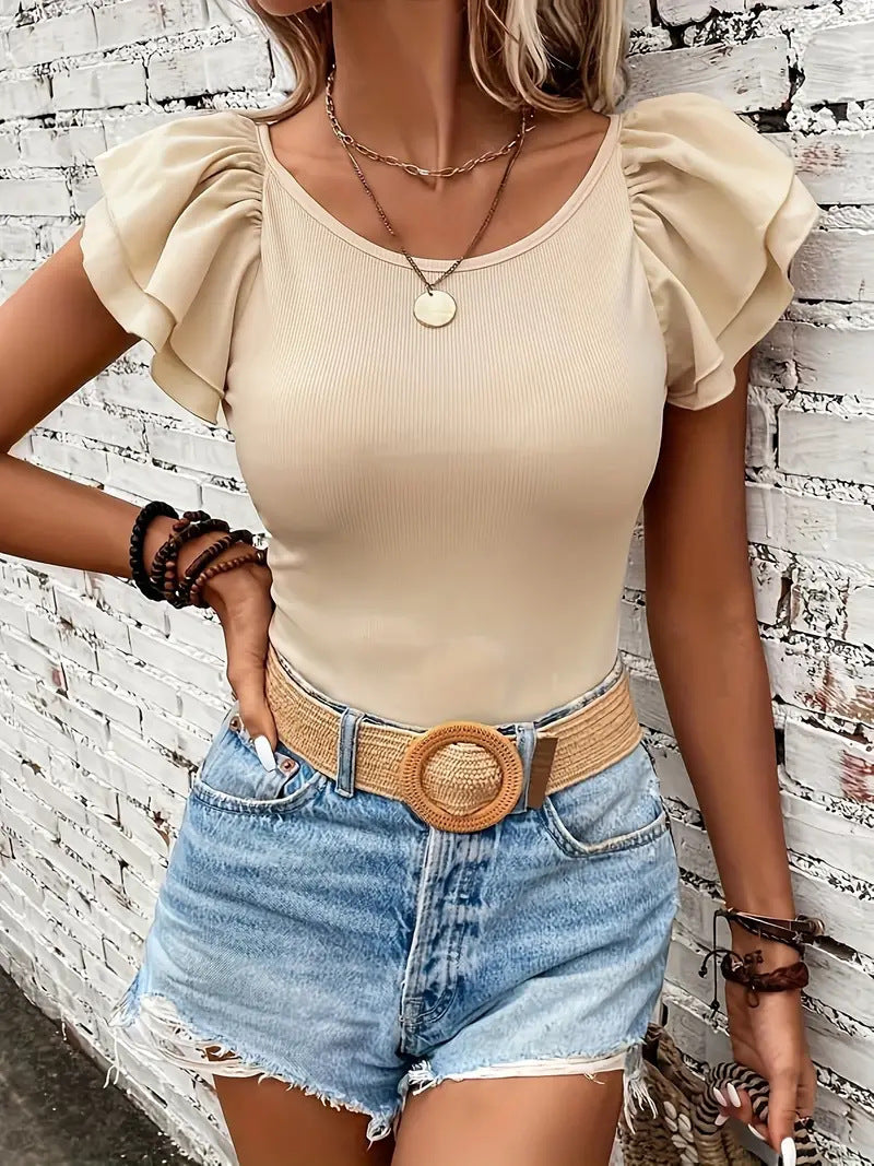 Damen Rippstrickoberteil mit Volants WW