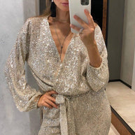 Damen Glamouröser Jumpsuit mit funkelnden Pailletten und elegantem tiefen V-Ausschnitt WW
