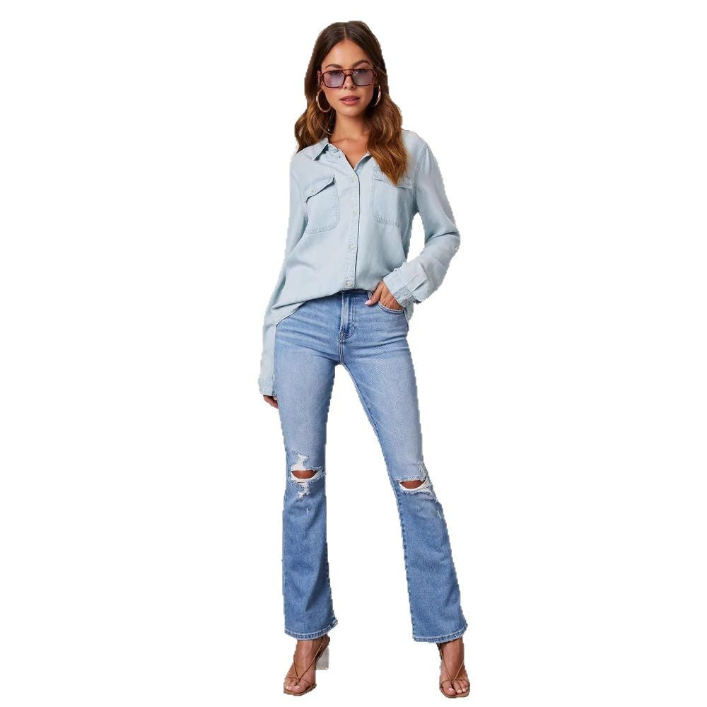 Damen Denim-Hemd mit umschlagbaren Ärmeln und zwei Brusttaschen WW